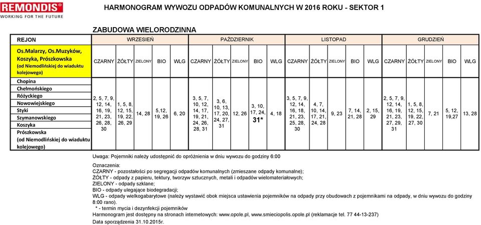 Prószkowska (od Niemodlińskiej do wiaduktu kolejowego) WRZESIEŃ PAŹDZIERNIK LISTOPAD GRUDZIEŃ 2, 5, 7, 9, 16, 19, 26, 28, 1, 5, 8, 26, 14, 28 5,12, 19, 26 Data