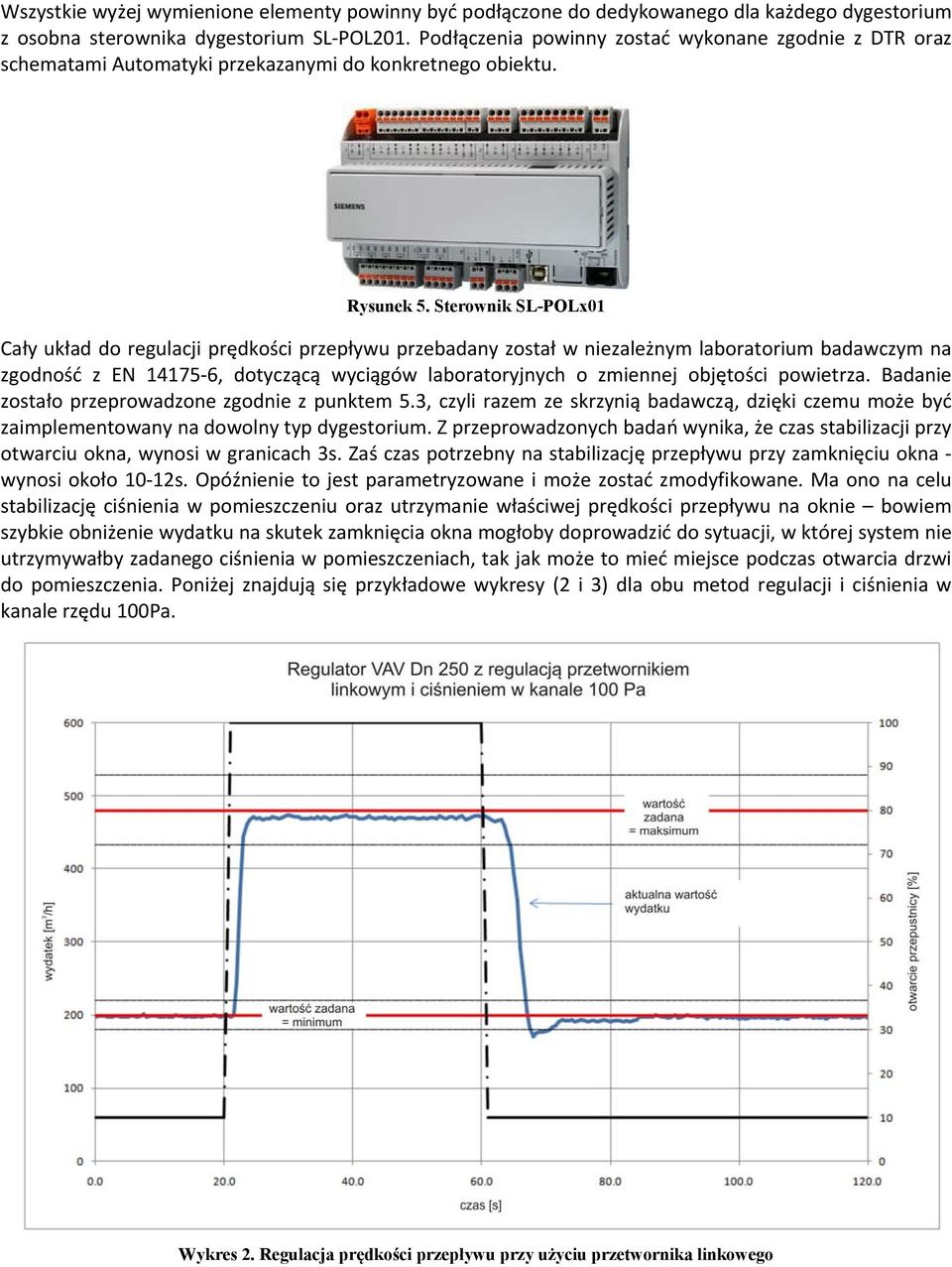 Sterownik SL-POLx01 Cały układ do regulacji prędkości przepływu przebadany został w niezależnym laboratorium badawczym na zgodność z EN 14175-6, dotyczącą wyciągów laboratoryjnych o zmiennej
