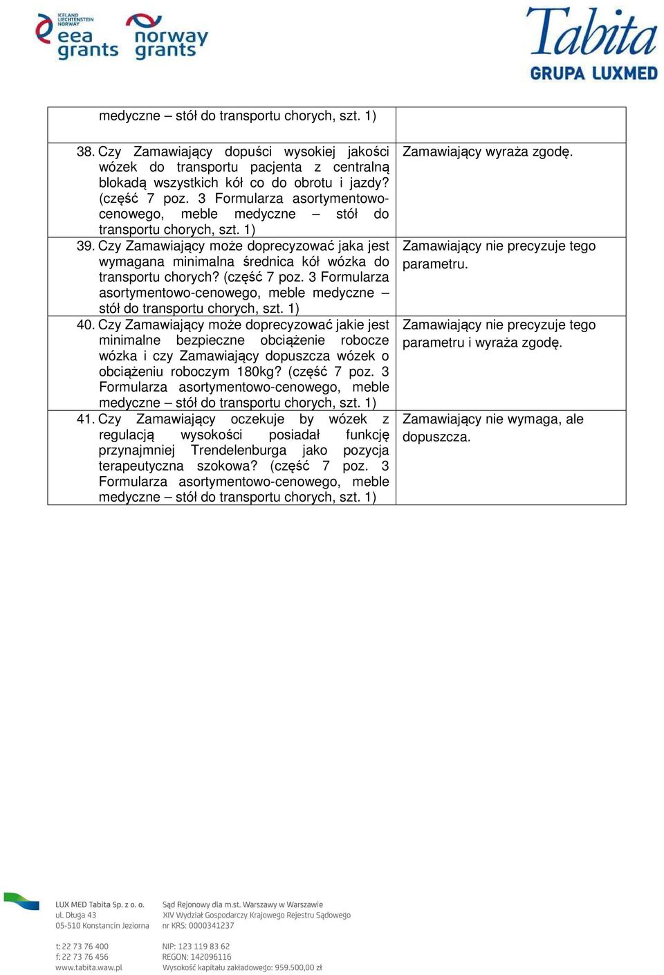 (część 7 poz. 3 Formularza asortymentowo-cenowego, meble medyczne stół do transportu chorych, szt. 1) 40.