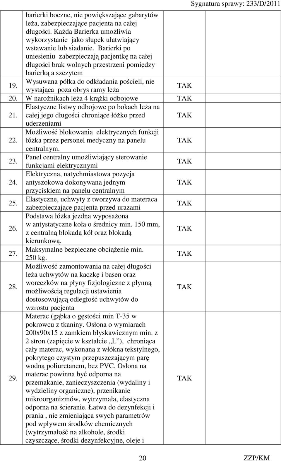 W narożnikach leża 4 krążki odbojowe 21. Elastyczne listwy odbojowe po bokach leża na całej jego długości chroniące łóżko przed uderzeniami 22.