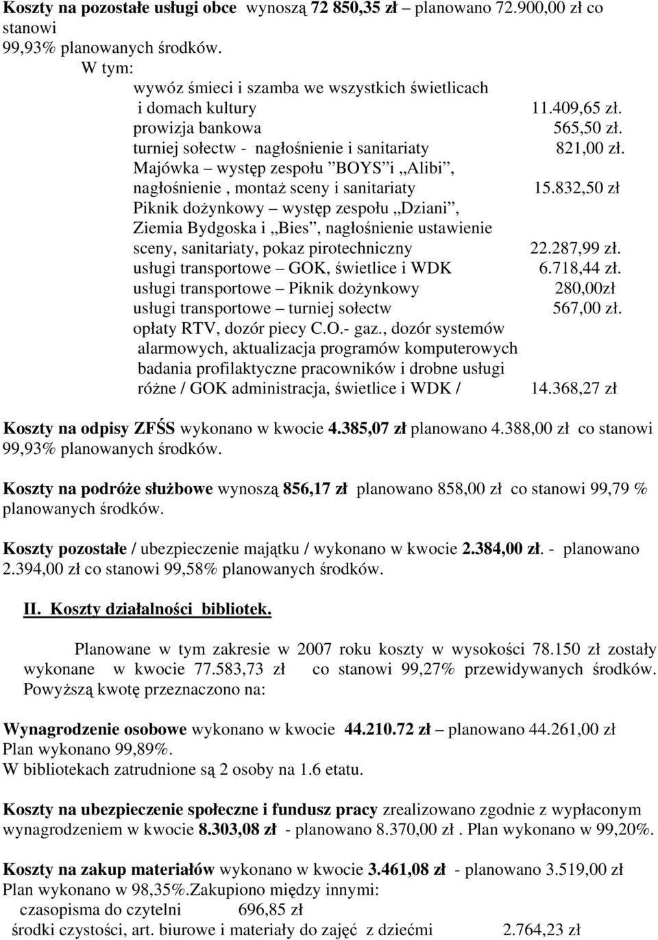 832,50 zł Piknik dożynkowy występ zespołu Dziani, Ziemia Bydgoska i Bies, nagłośnienie ustawienie sceny, sanitariaty, pokaz pirotechniczny 22.287,99 zł. usługi transportowe GOK, świetlice i WDK 6.