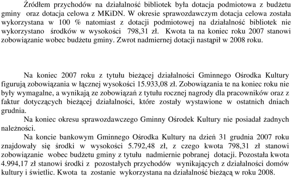 Kwota ta na koniec roku 2007 stanowi zobowiązanie wobec budżetu gminy. Zwrot nadmiernej dotacji nastąpił w 2008 roku.