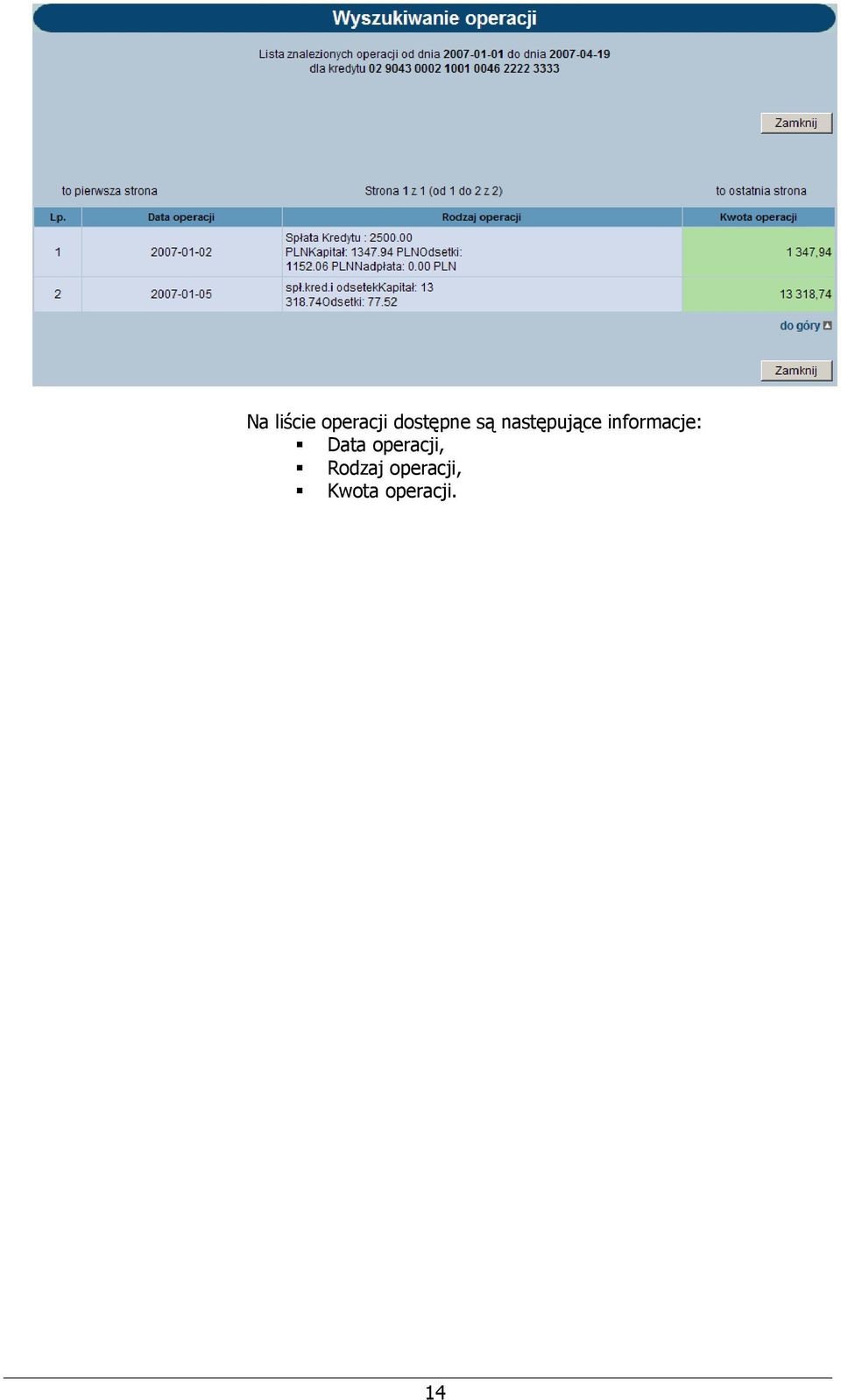 informacje: Data operacji,