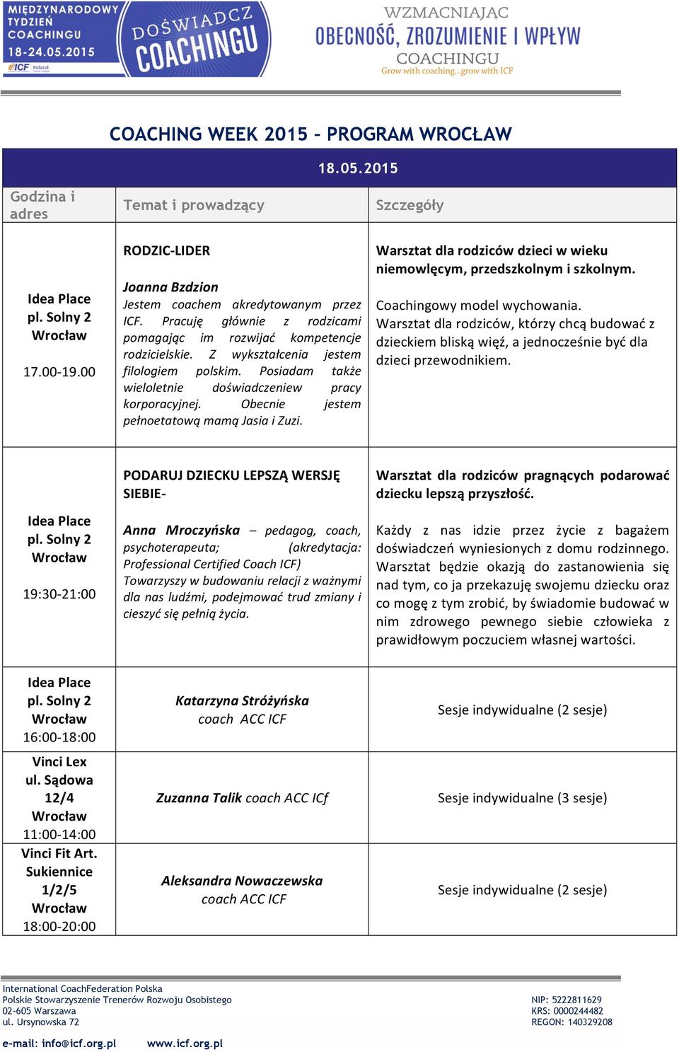 Sukiennice 1/2/5 Wrocław 18:00-20:00 RODZIC- LIDER Joanna Bzdzion Warsztat dla rodziców dzieci w wieku niemowlęcym, przedszkolnym i szkolnym. Coachingowy model wychowania.