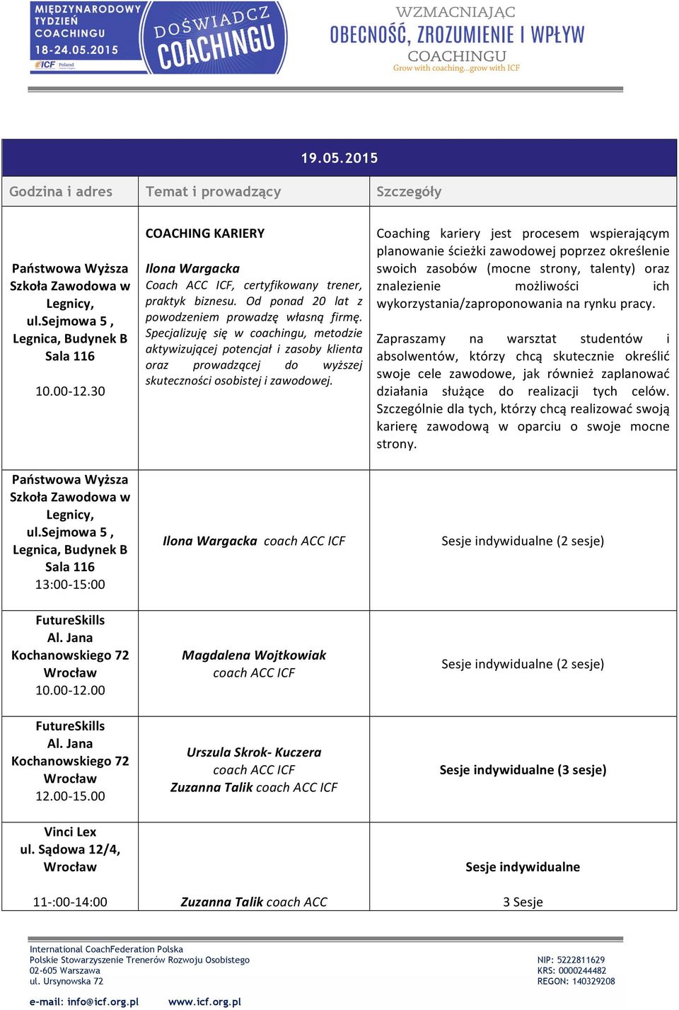 30 Państwowa Wyższa Szkoła Zawodowa w Legnicy, ul.sejmowa 5, Legnica, Budynek B Sala 116 13:00-15:00 FutureSkills Al. Jana Kochanowskiego 72 Wrocław 10.00-12.00 FutureSkills Al. Jana Kochanowskiego 72 Wrocław 12.