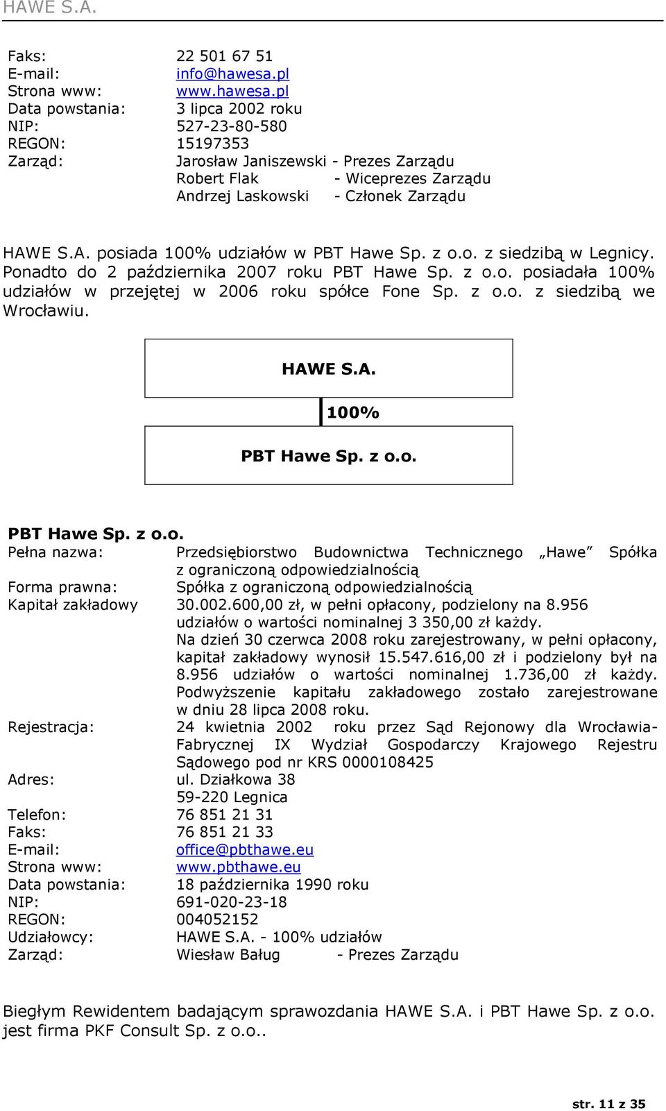 pl Data powstania: 3 lipca 2002 roku NIP: 527-23-80-580 REGON: 15197353 Zarząd: Jarosław Janiszewski - Prezes Zarządu Robert Flak - Wiceprezes Zarządu Andrzej Laskowski - Członek Zarządu HAWE S.A. posiada 100% udziałów w PBT Hawe Sp.