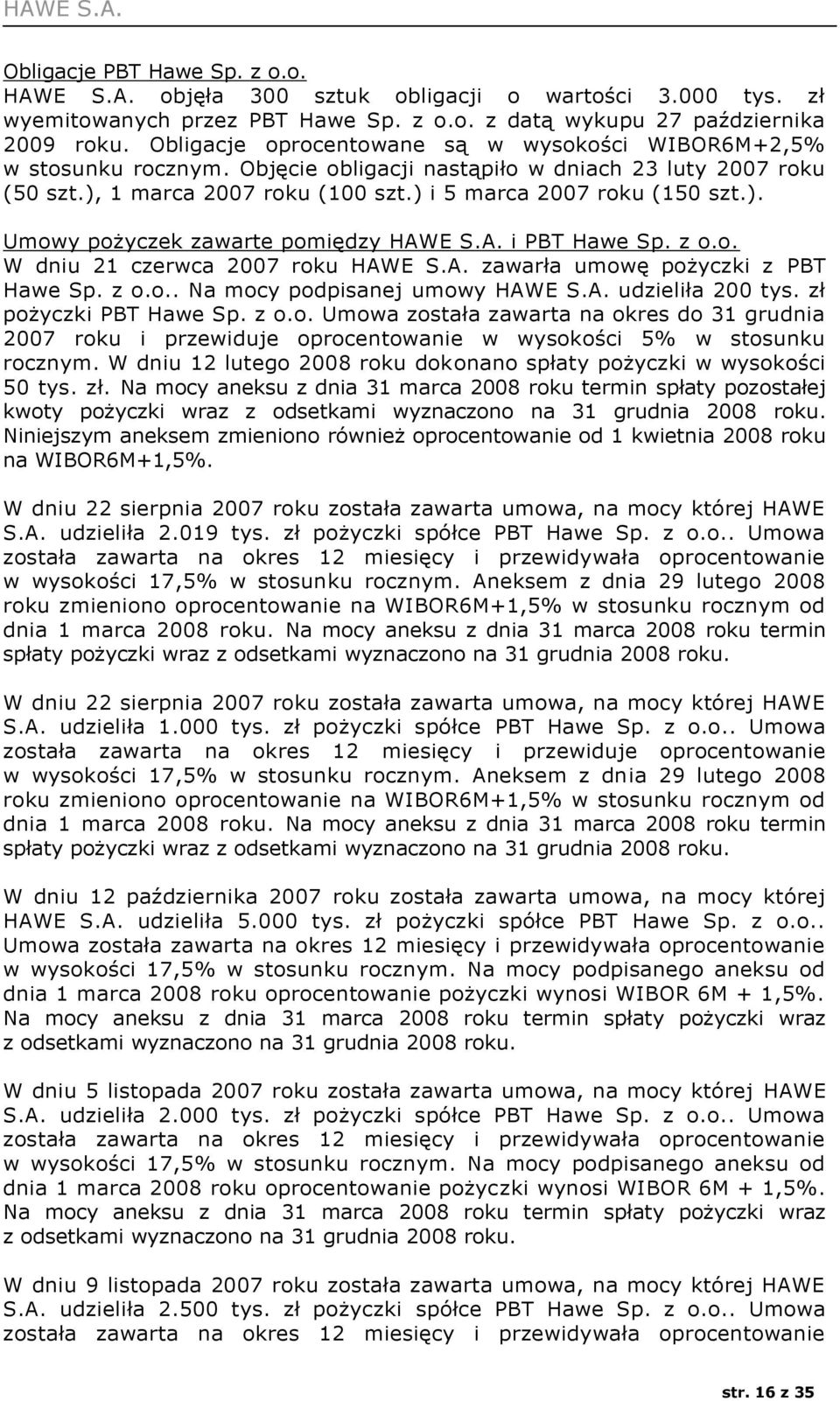 A. i PBT Hawe Sp. z o.o. W dniu 21 czerwca 2007 roku HAWE S.A. zawarła umowę pożyczki z PBT Hawe Sp. z o.o.. Na mocy podpisanej umowy HAWE S.A. udzieliła 200 tys. zł pożyczki PBT Hawe Sp. z o.o. Umowa została zawarta na okres do 31 grudnia 2007 roku i przewiduje oprocentowanie w wysokości 5% w stosunku rocznym.