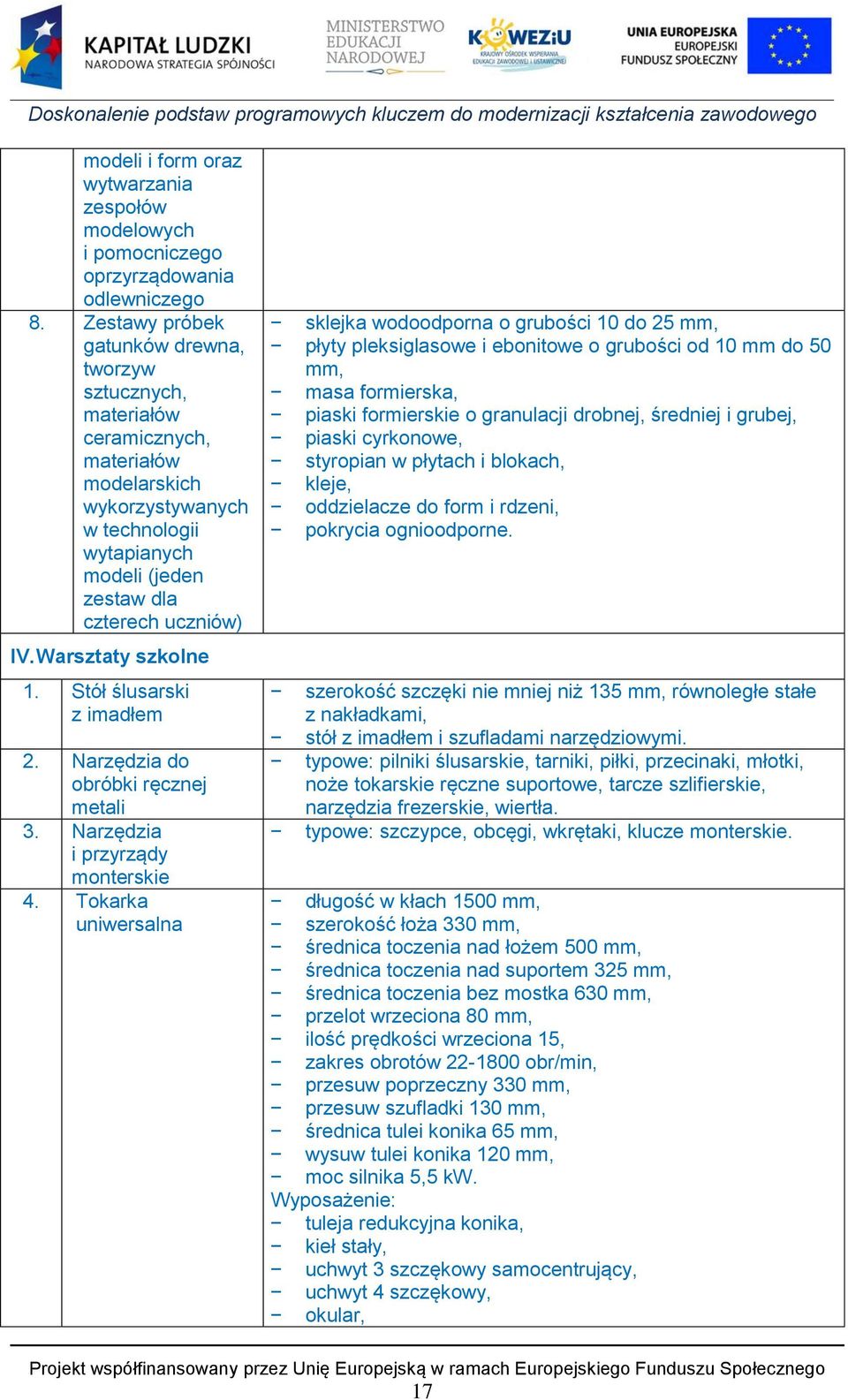 Warsztaty szkolne 1. Stół ślusarski z imadłem 2. Narzędzia do obróbki ręcznej metali 3. Narzędzia i przyrządy monterskie 4.