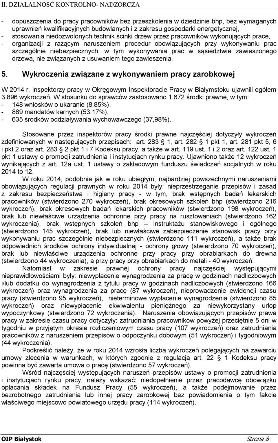 zawieszonego drzewa, nie związanych z usuwaniem tego zawieszenia. 5. Wykroczenia związane z wykonywaniem pracy zarobkowej W 2014 r.