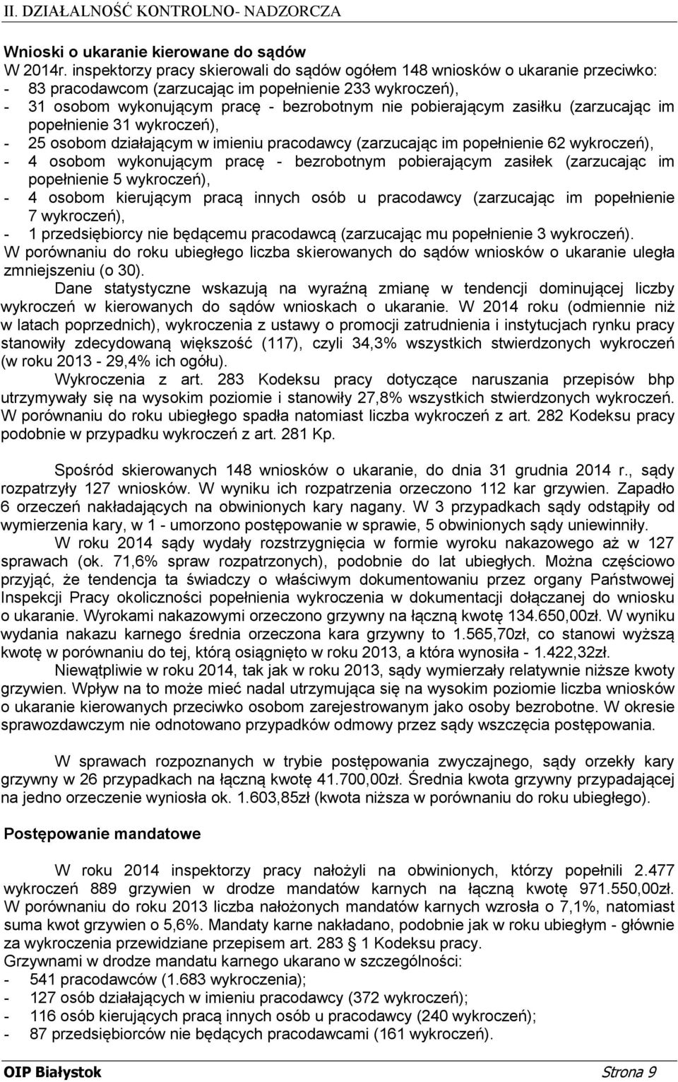 zasiłku (zarzucając im popełnienie 31 wykroczeń), 25 osobom działającym w imieniu pracodawcy (zarzucając im popełnienie 62 wykroczeń), 4 osobom wykonującym pracę - bezrobotnym pobierającym zasiłek