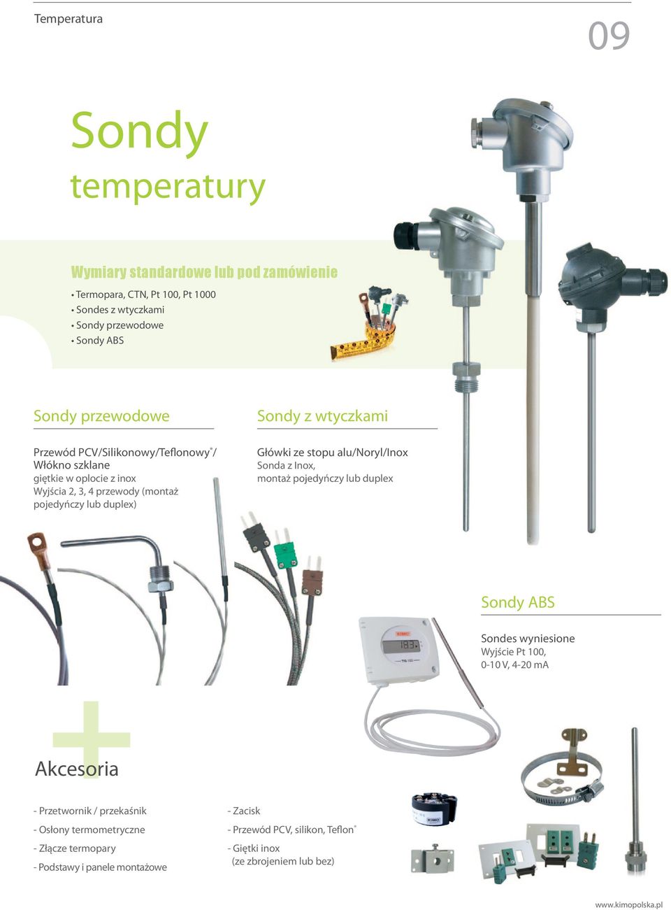 Główki ze stopu alu/noryl/inox Sonda z Inox, montaż pojedyńczy lub duplex Sondy ABS Sondes wyniesione Wyjście Pt 100, 0-10 V, 4-20 ma Akcesoria - Przetwornik /