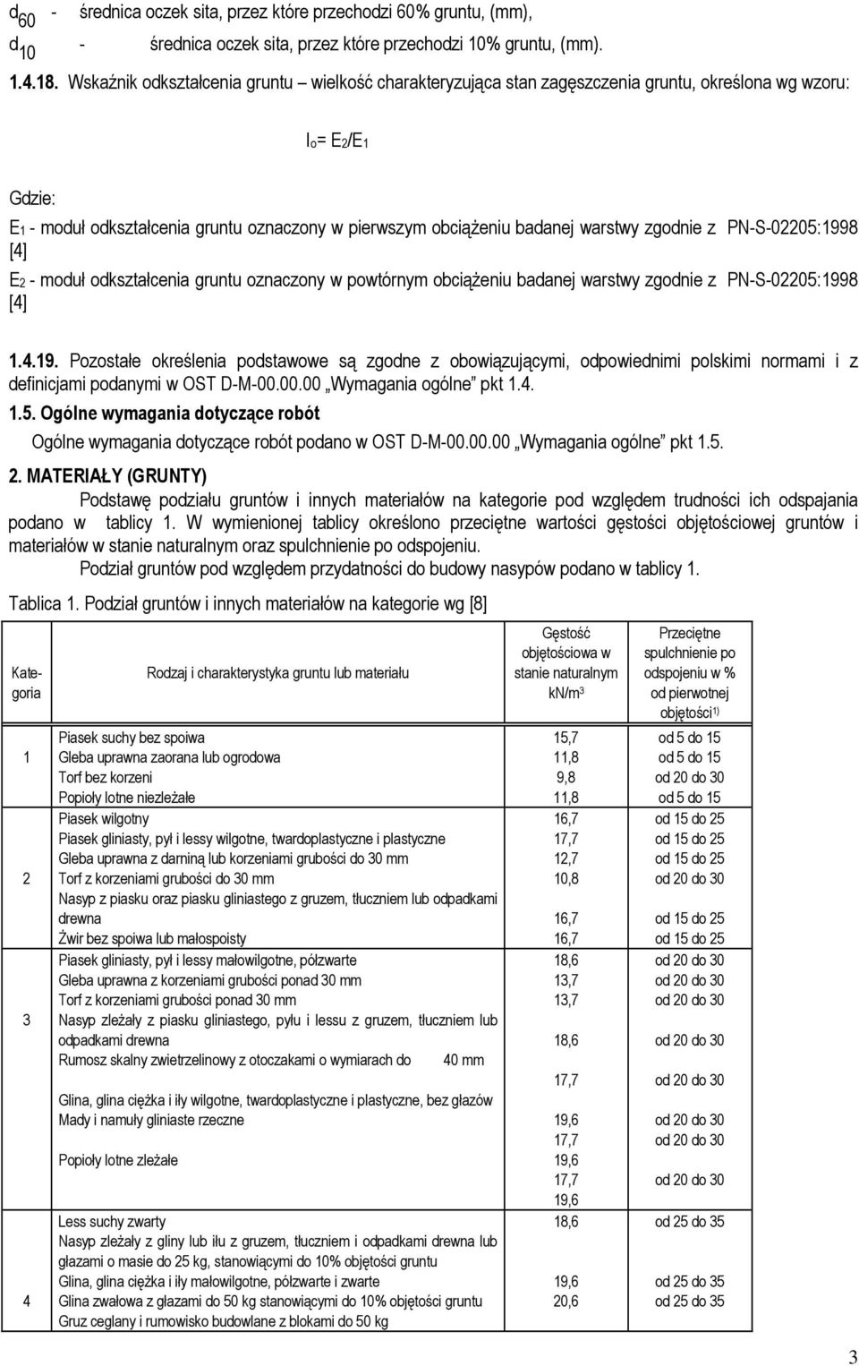 zgodnie z PN-S-02205:1998 [4] E2 - moduł odkształcenia gruntu oznaczony w powtórnym obciąŝeniu badanej warstwy zgodnie z PN-S-02205:1998 [4] 1.4.19. Pozostałe określenia podstawowe są zgodne z obowiązującymi, odpowiednimi polskimi normami i z definicjami podanymi w OST D-M-00.