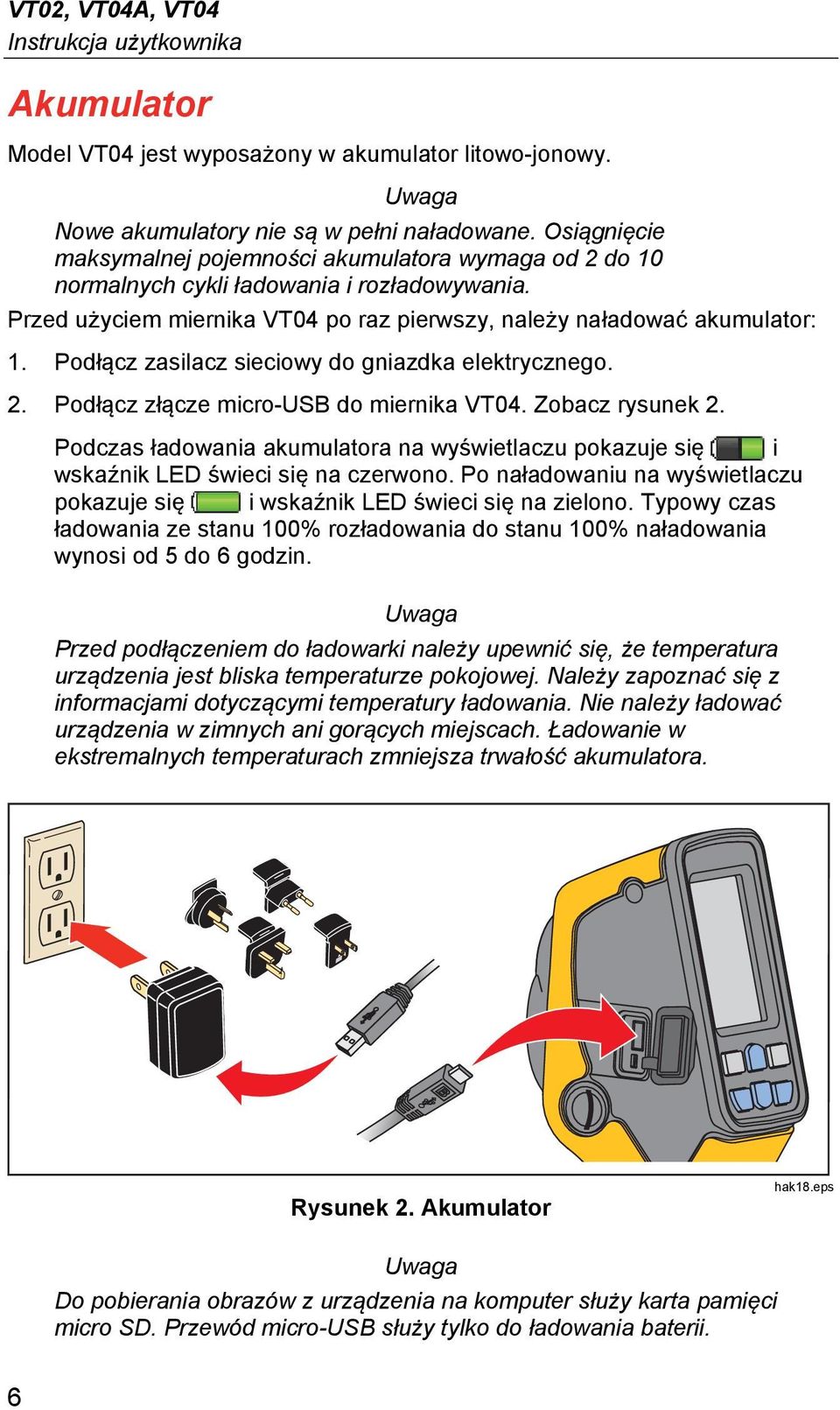Podłącz zasilacz sieciowy do gniazdka elektrycznego. 2. Podłącz złącze micro-usb do miernika VT04. Zobacz rysunek 2.