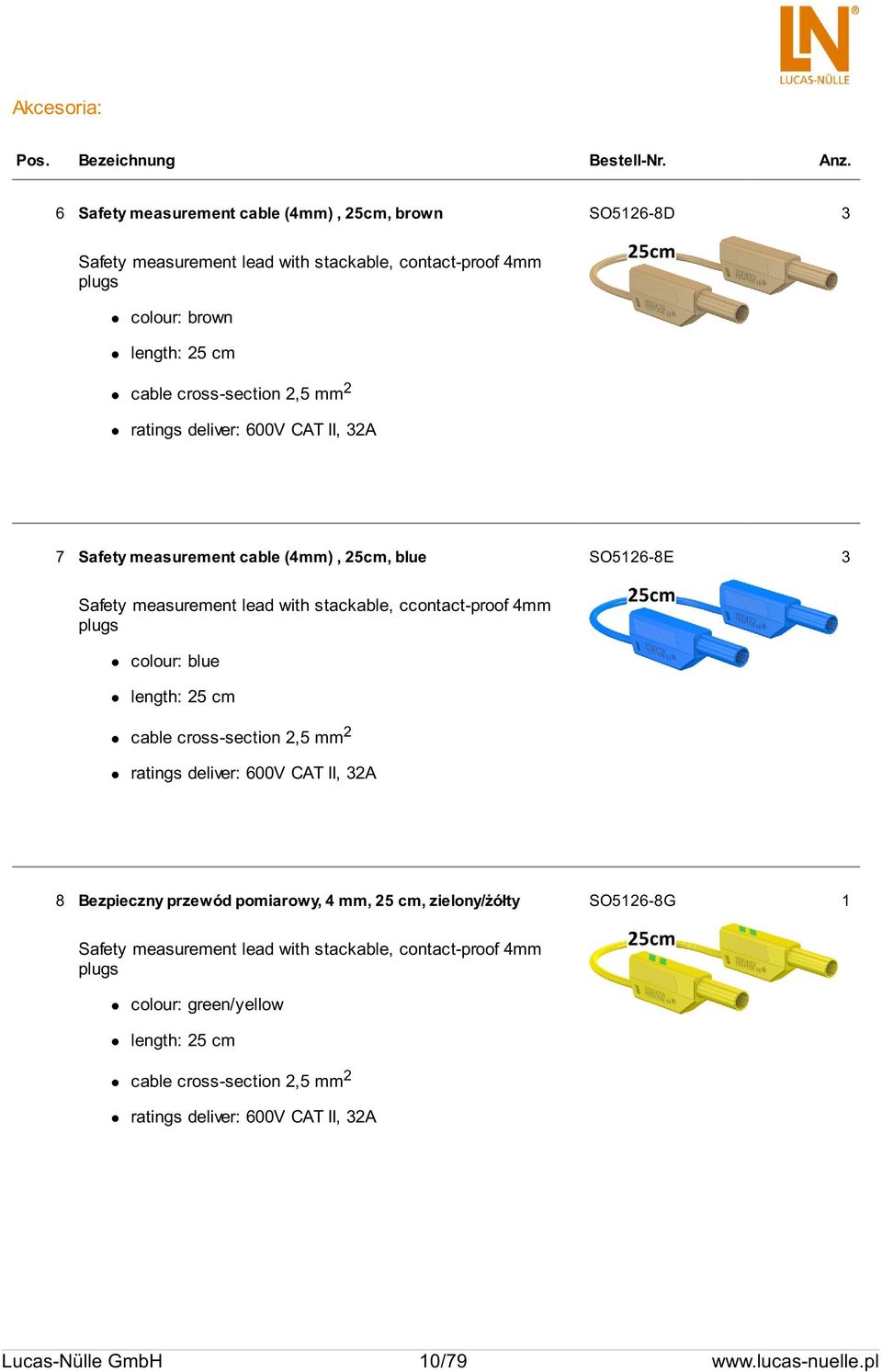 deliver: 600V CAT II, 32A 7 Safety measurement cable (4mm), 25cm, blue SO5126-8E 3 Safety measurement lead with stackable, ccontact-proof 4mm plugs colour: blue length: 25 cm cable