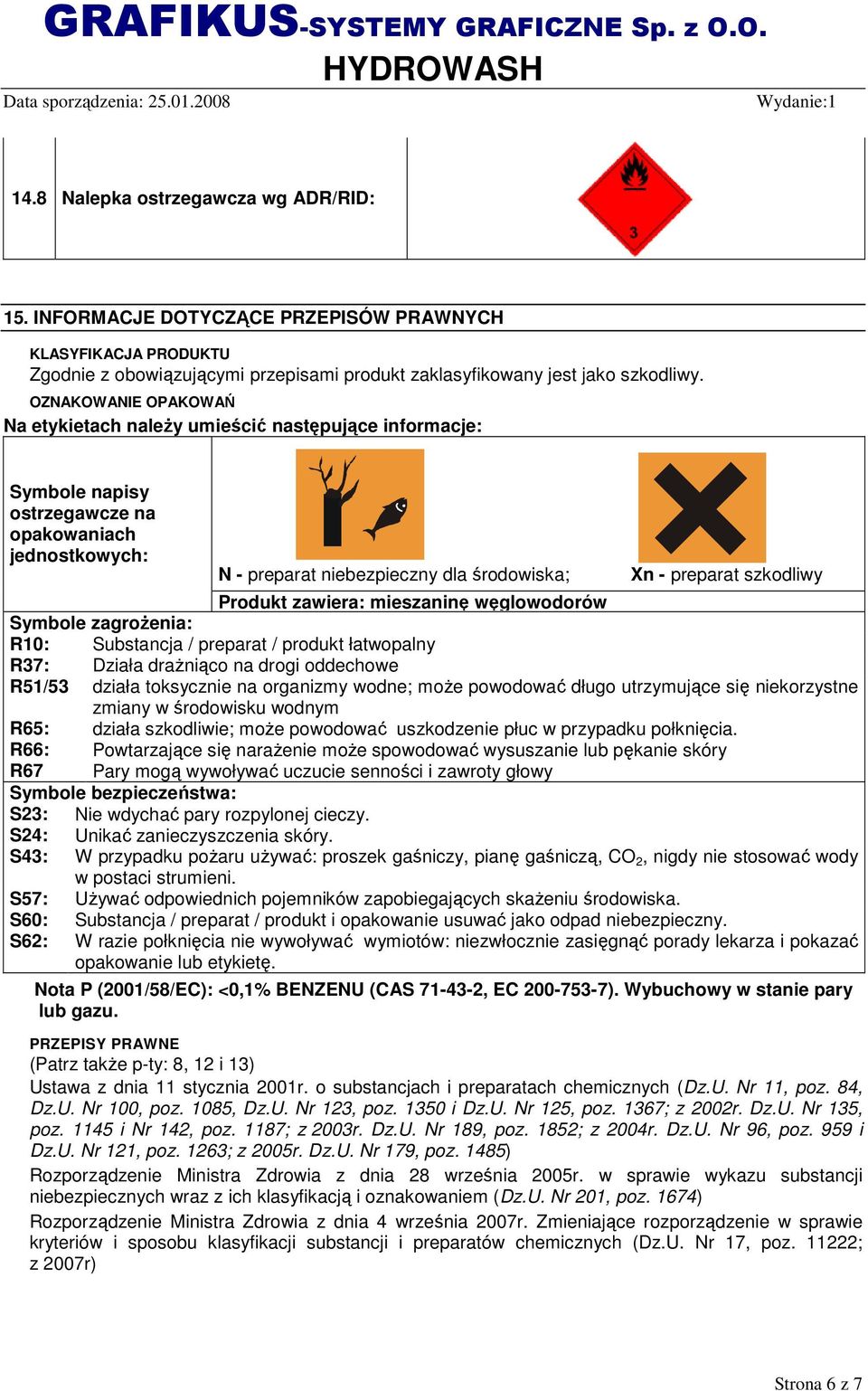 szkodliwy Produkt zawiera: mieszaninę węglowodorów Symbole zagroŝenia: R10: Substancja / preparat / produkt łatwopalny R37: Działa draŝniąco na drogi oddechowe R51/53 działa toksycznie na organizmy