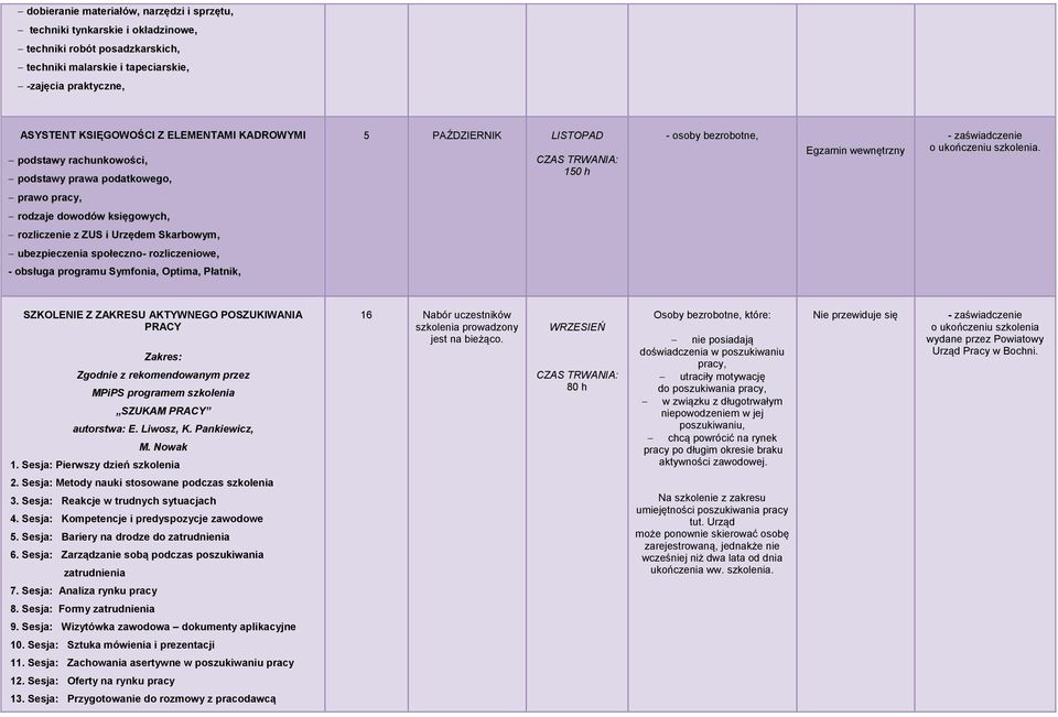 prawo pracy, rodzaje dowodów księgowych, rozliczenie z ZUS i Urzędem Skarbowym, ubezpieczenia społeczno- rozliczeniowe, - obsługa programu Symfonia, Optima, Płatnik, SZKOLENIE Z ZAKRESU AKTYWNEGO