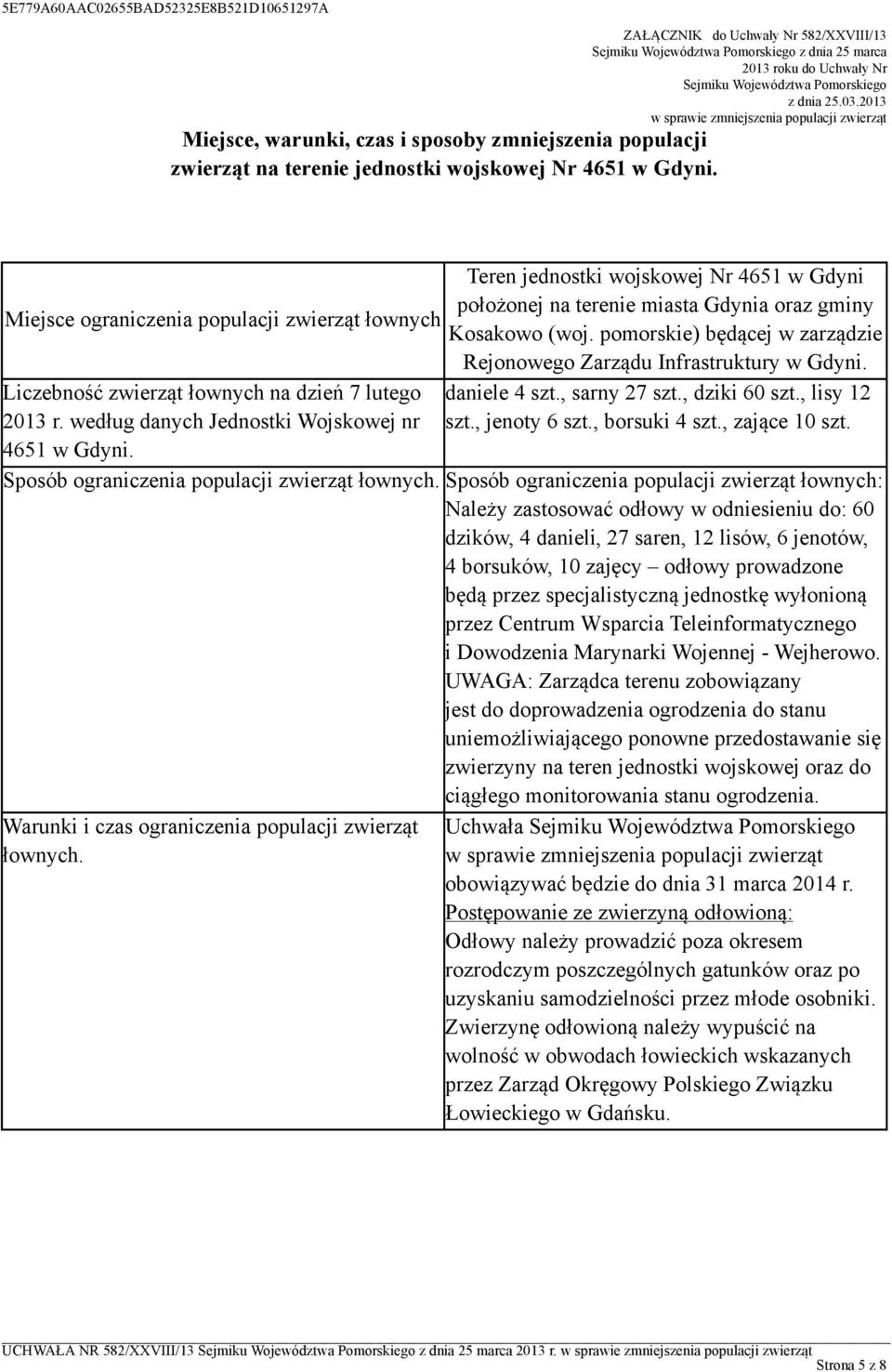 Miejsce ograniczenia populacji zwierząt łownych Liczebność zwierząt łownych na dzień 7 lutego 2013 r. według danych Jednostki Wojskowej nr 4651 w Gdyni.