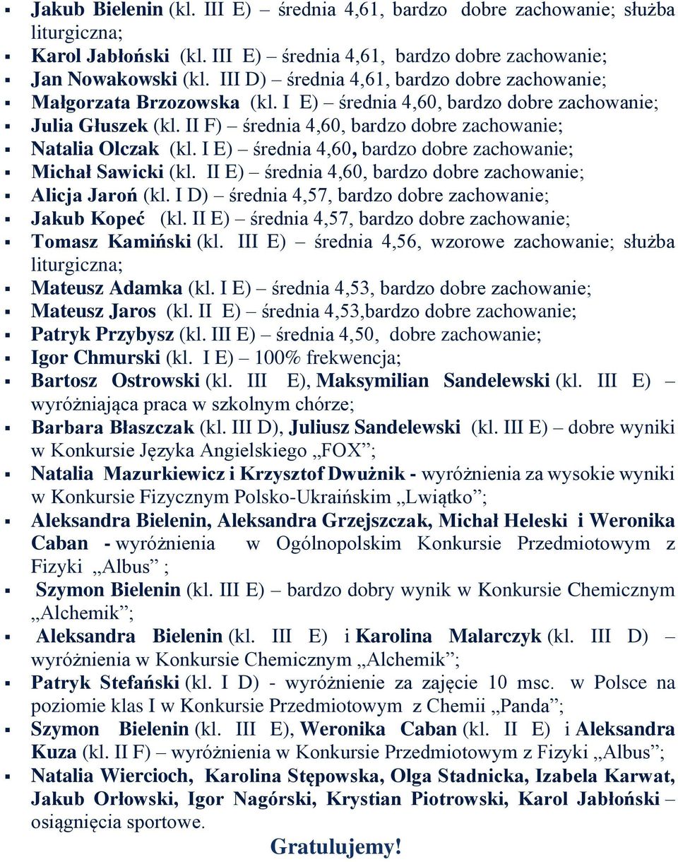 I E) średnia 4,60, bardzo dobre zachowanie; Michał Sawicki (kl. II E) średnia 4,60, bardzo dobre zachowanie; Alicja Jaroń (kl. I D) średnia 4,57, bardzo dobre zachowanie; Jakub Kopeć (kl.