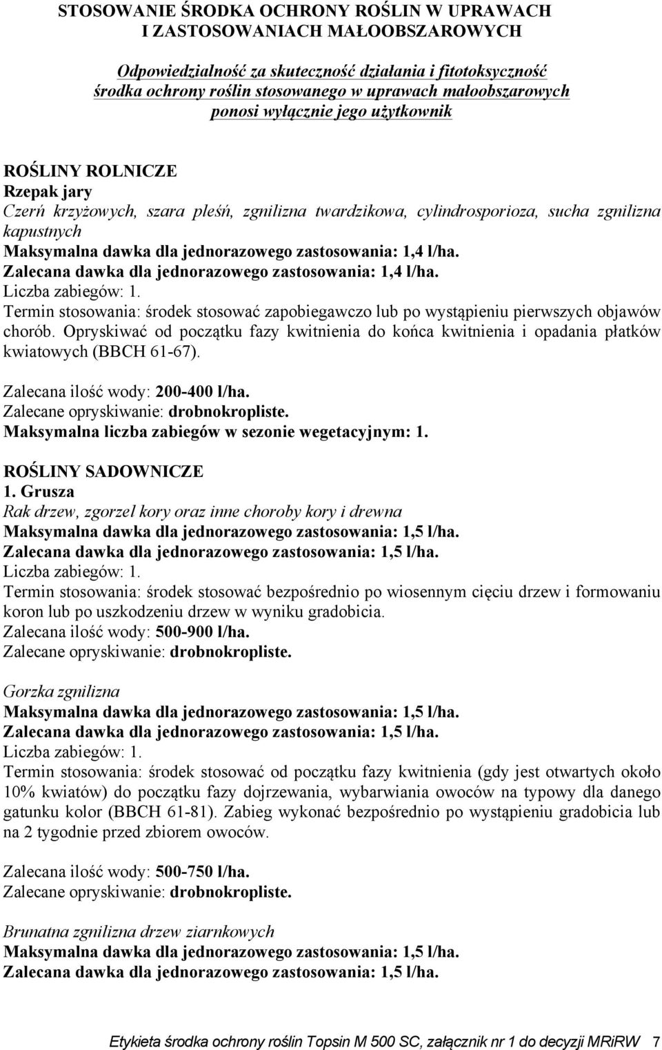 zapobiegawczo lub po wystąpieniu pierwszych objawów chorób. Opryskiwać od początku fazy kwitnienia do końca kwitnienia i opadania płatków kwiatowych (BBCH 61-67). Zalecana ilość wody: 200-400 l/ha.