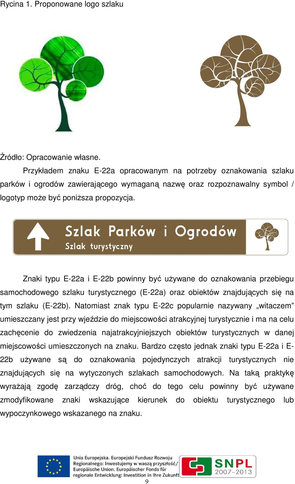 Znaki typu E-22a i E-22b powinny być uŝywane do oznakowania przebiegu samochodowego szlaku turystycznego (E-22a) oraz obiektów znajdujących się na tym szlaku (E-22b).