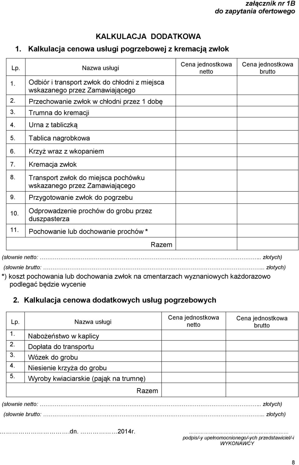 Krzyż wraz z wkopaniem 7. Kremacja zwłok 8. Transport zwłok do miejsca pochówku wskazanego przez Zamawiającego 9. Przygotowanie zwłok do pogrzebu 10.