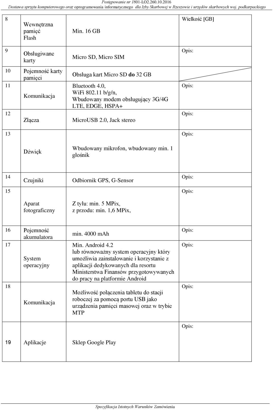 1 głośnik 14 Czujniki Odbiornik GPS, G-Sensor 15 Aparat fotograficzny Z tyłu: min. 5 MPix, z przodu: min. 1,6 MPix, 16 Pojemność akumulatora 17 18 System operacyjny Komunikacja min. 4000 mah Min.