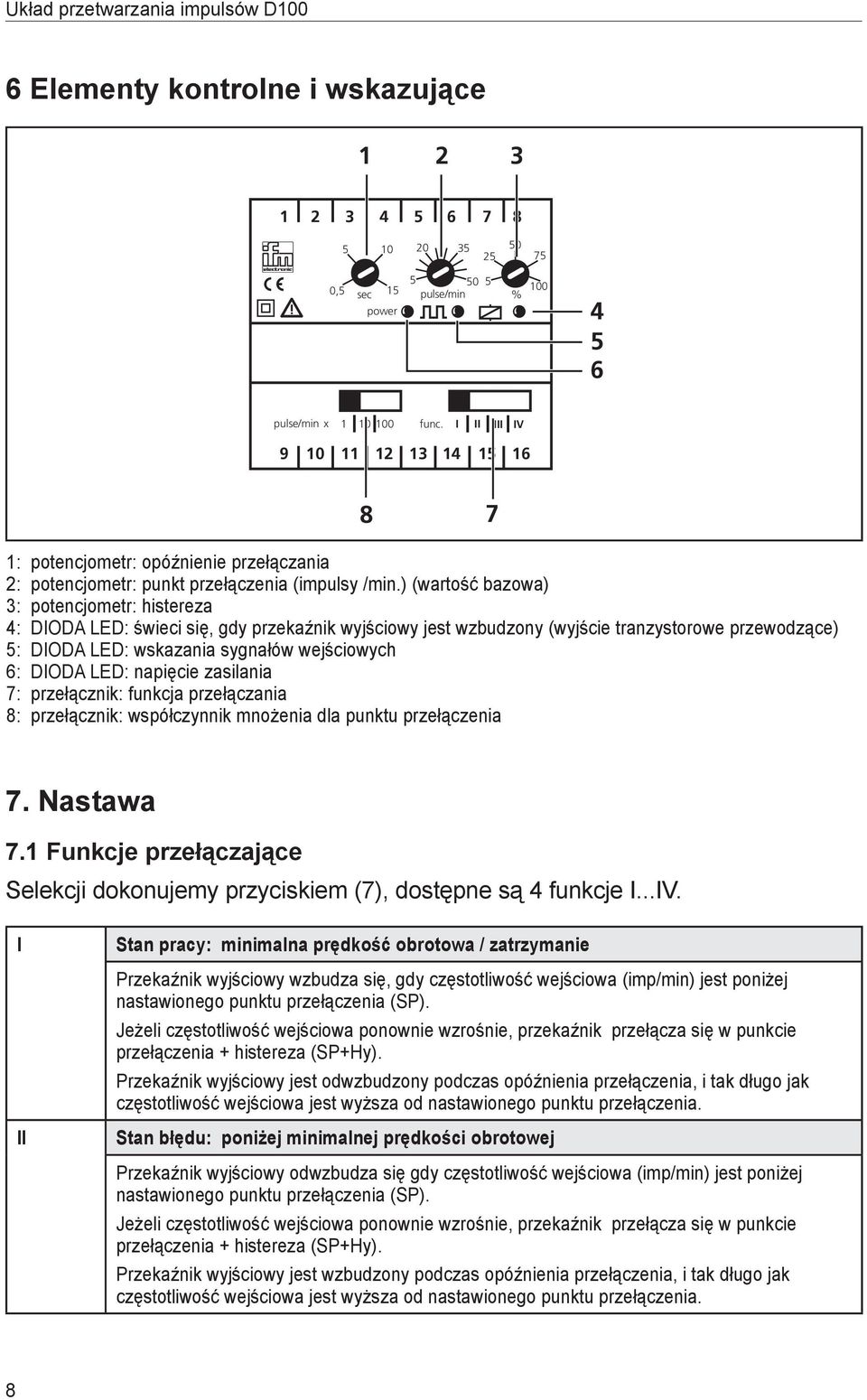 ) (wartość bazowa) potencjometr: histereza DIODA LED: świeci się, gdy przekaźnik wyjściowy jest wzbudzony (wyjście tranzystorowe przewodzące) DIODA LED: wskazania sygnałów wejściowych DIODA LED: