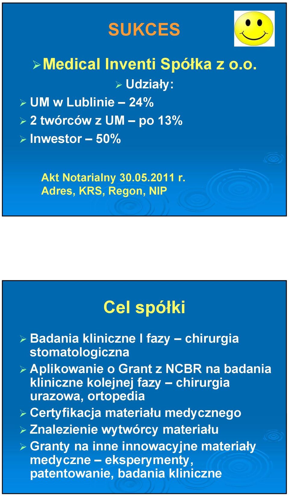 Adres, KRS, Regon, NIP Cel spółki Badania kliniczne I fazy chirurgia stomatologiczna Aplikowanie o Grant z NCBR na