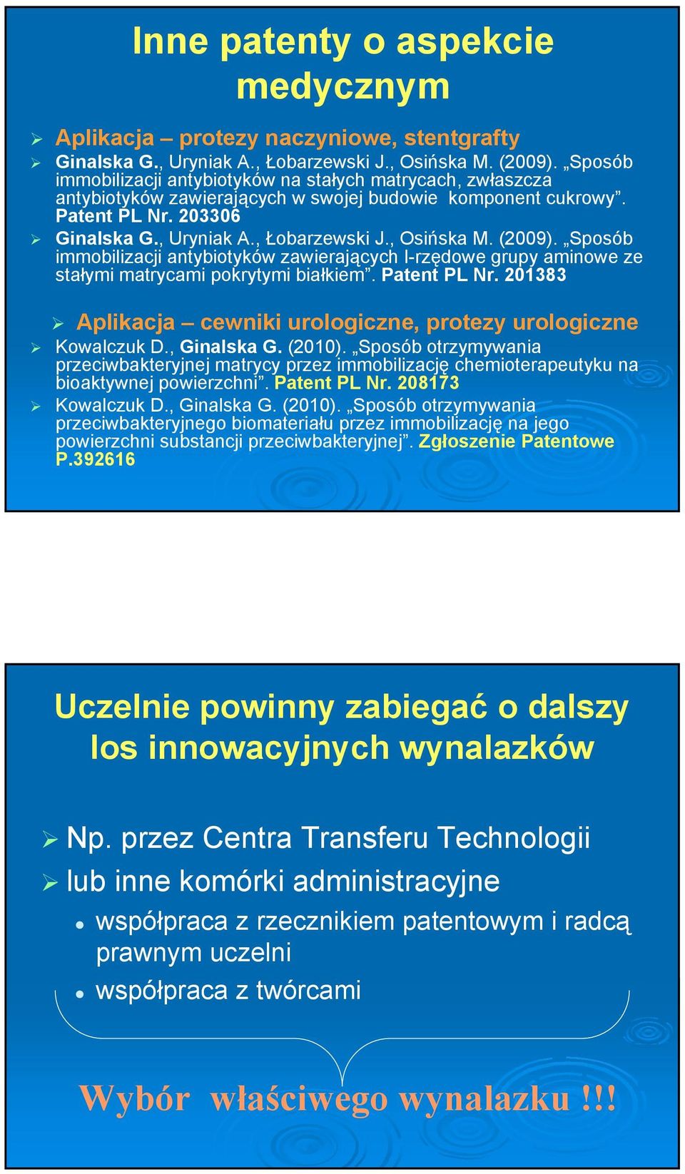 , Osińska M. (2009). Sposób immobilizacji antybiotyków zawierających I-rzędowe grupy aminowe ze stałymi matrycami pokrytymi białkiem. Patent PL Nr.