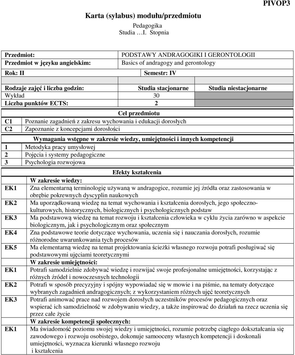 Studia niestacjonarne Wykład 30 Liczba punktów ECTS: 2 C1 C2 Cel przedmiotu Poznanie zagadnień z zakresu wychowania i edukacji dorosłych Zapoznanie z koncepcjami dorosłości Wymagania wstępne w