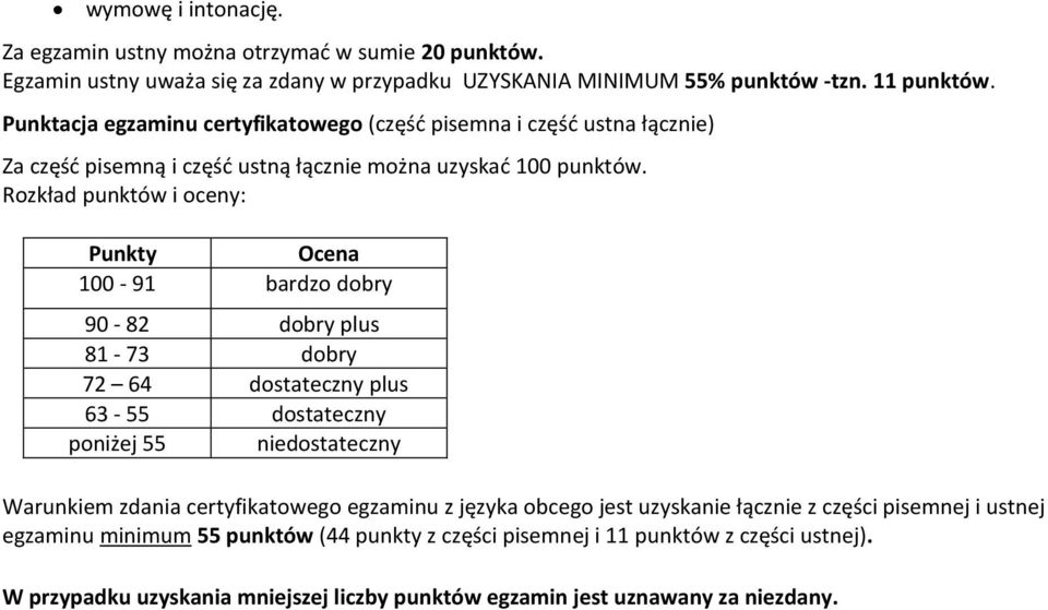 Rozkład punktów i oceny: Punkty Ocena 100-91 bardzo dobry 90-82 dobry plus 81-73 dobry 72 64 dostateczny plus 63-55 dostateczny poniżej 55 niedostateczny Warunkiem zdania