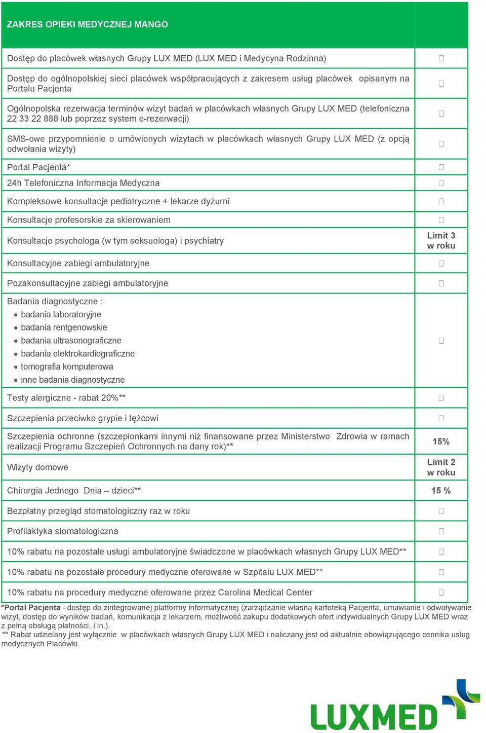 wizytach w placówkach własnych Grupy LUX MED (z opcją odwołania wizyty) Portal Pacjenta* 24h Telefoniczna Informacja Medyczna Kompleksowe konsultacje pediatryczne + lekarze dyżurni Konsultacje