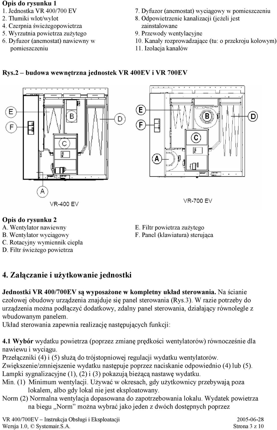 Kanały rozprowadzające (tu: o przekroju kołowym) pomieszczeniu 11. Izolacja kanałów Rys.2 budowa wewnętrzna jednostek VR 400EV i VR 700EV Opis do rysunku 2 A. Wentylator nawiewny E.