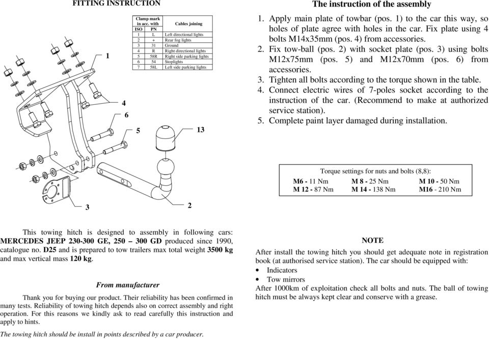 assembly. Apply main plate of towbar (pos. ) to the car this way, so holes of plate agree with holes in the car. Fix plate using bolts Mxmm (pos. ) from accessories.. Fix tow-ball (pos.