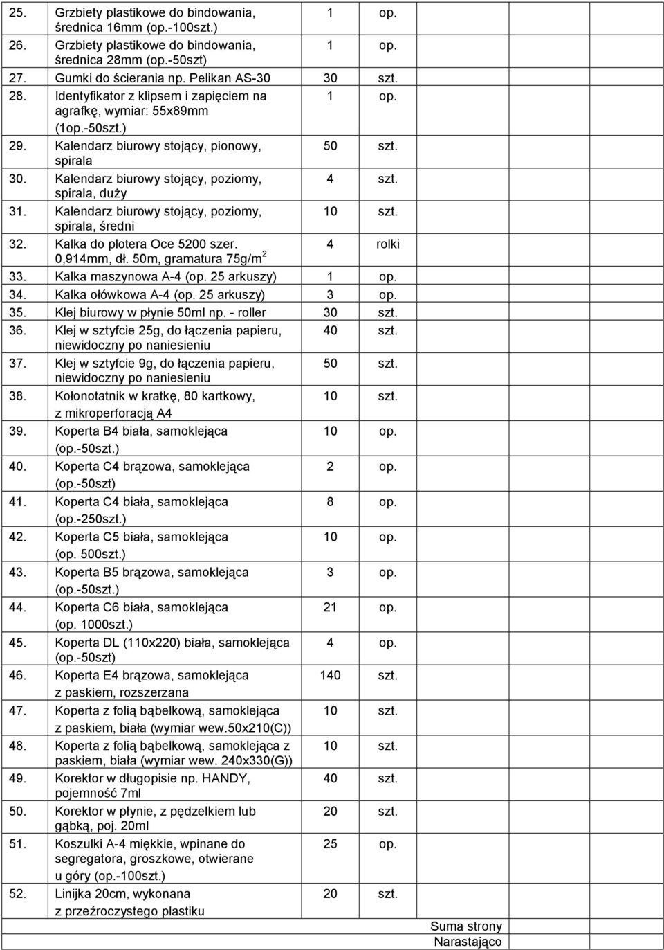 Kalka do plotera Oce 5200 szer. 4 rolki 0,914mm, dł. 50m, gramatura 75g/m 2 33. Kalka maszynowa A-4 (op. 25 arkuszy) 34. Kalka ołówkowa A-4 (op. 25 arkuszy) 3 op. 35. Klej biurowy w płynie 50ml np.