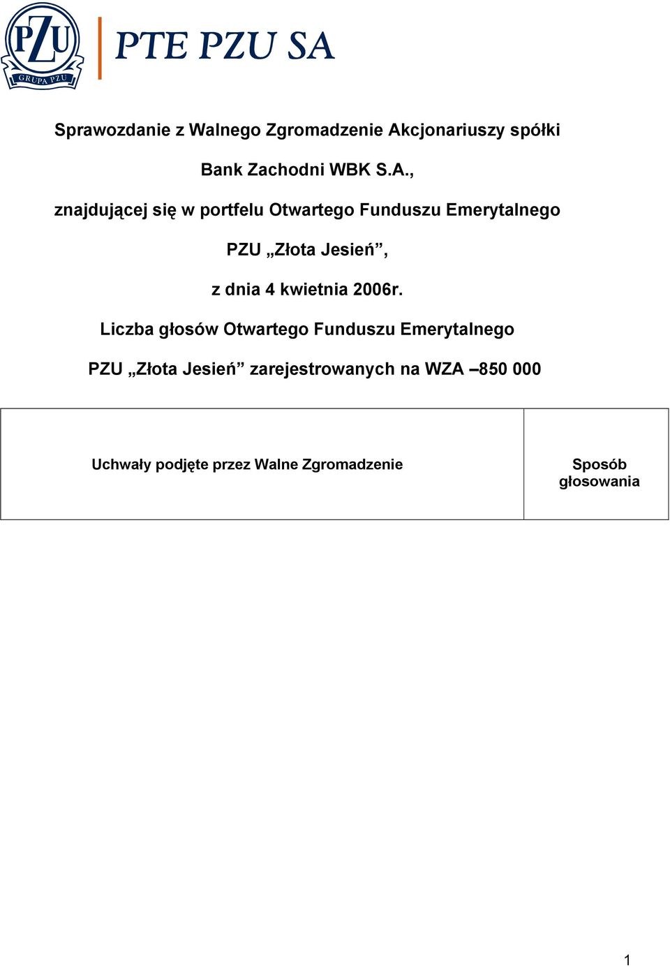 , znajdującej się w portfelu Otwartego Funduszu Emerytalnego PZU Złota Jesień, z