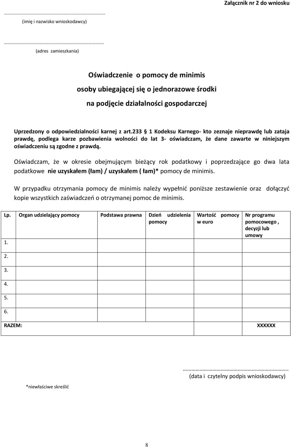 233 1 Kodeksu Karnego- kto zeznaje nieprawdę lub zataja prawdę, podlega karze pozbawienia wolności do lat 3- oświadczam, że dane zawarte w niniejszym oświadczeniu są zgodne z prawdą.