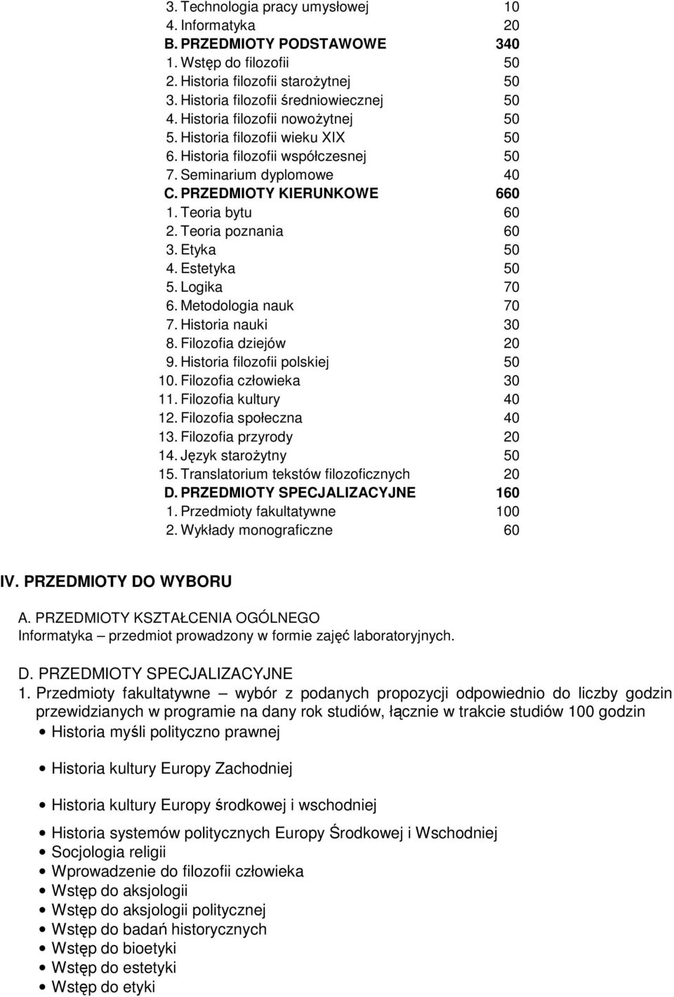 Teoria pozna 60 3. Etyka 50 4. Estetyka 50 5. Logika 70 6. Metodologia nauk 70 7. Historia nauki 30 8. Filozofia dziejów 20 9. Historia filozofii polskiej 50 10. Filozofia człowieka 30 11.