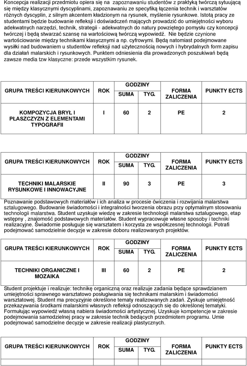 Istotą pracy ze studentami będzie budowanie refleksji i doświadczeń mających prowadzić do umiejętności wyboru adekwatnych narzędzi, technik, strategii - adekwatnych do natury powziętego pomysłu czy