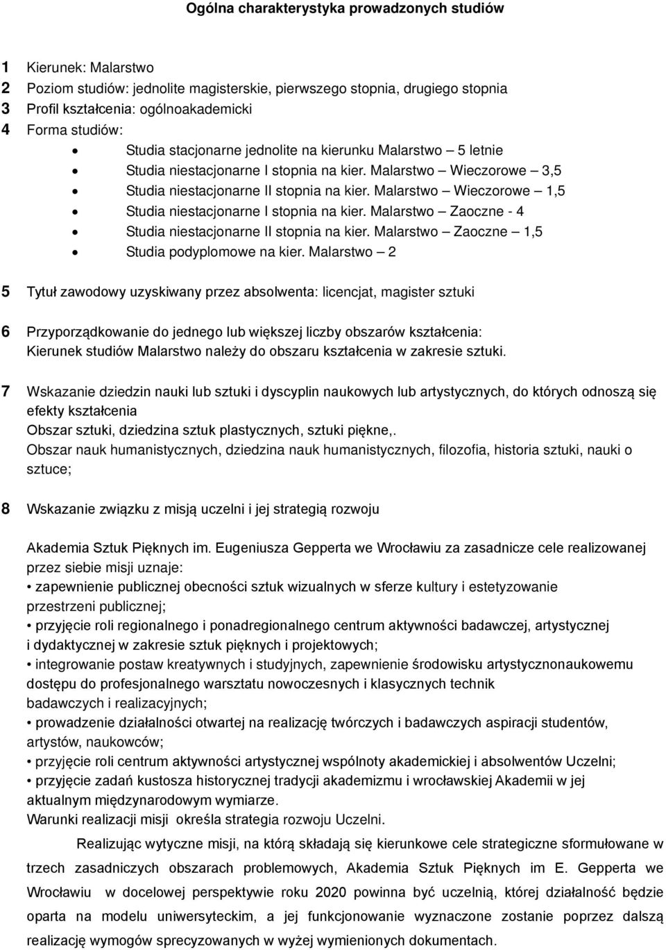 Malarstwo Wieczorowe 1,5 Studia niestacjonarne I stopnia na kier. Malarstwo Zaoczne - 4 Studia niestacjonarne II stopnia na kier. Malarstwo Zaoczne 1,5 Studia podyplomowe na kier.