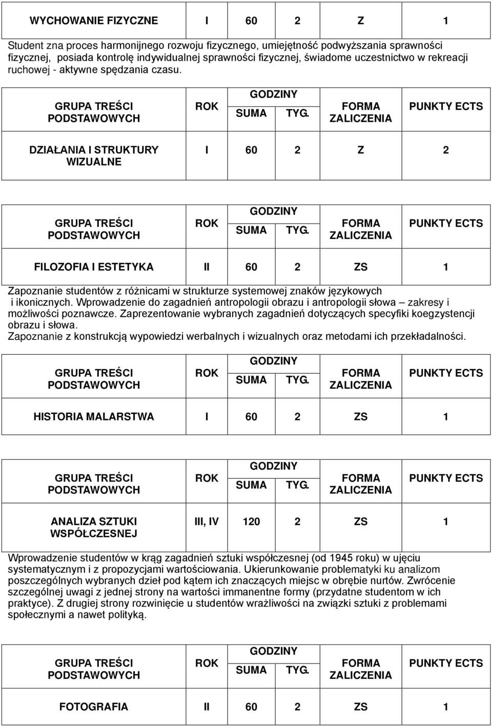 DZIAŁANIA I STRUKTURY WIZUALNE I 60 2 Z 2 FILOZOFIA I ESTETYKA II 60 2 ZS 1 Zapoznanie studentów z różnicami w strukturze systemowej znaków językowych i ikonicznych.