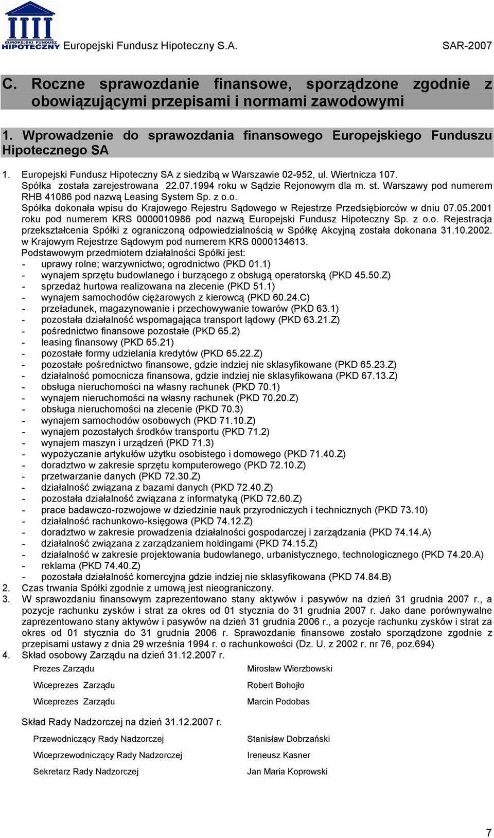 Warszawy pod numerem RHB 41086 pod nazwą Leasing System Sp. z o.o. Spółka dokonała wpisu do Krajowego Rejestru Sądowego w Rejestrze Przedsiębiorców w dniu 07.05.