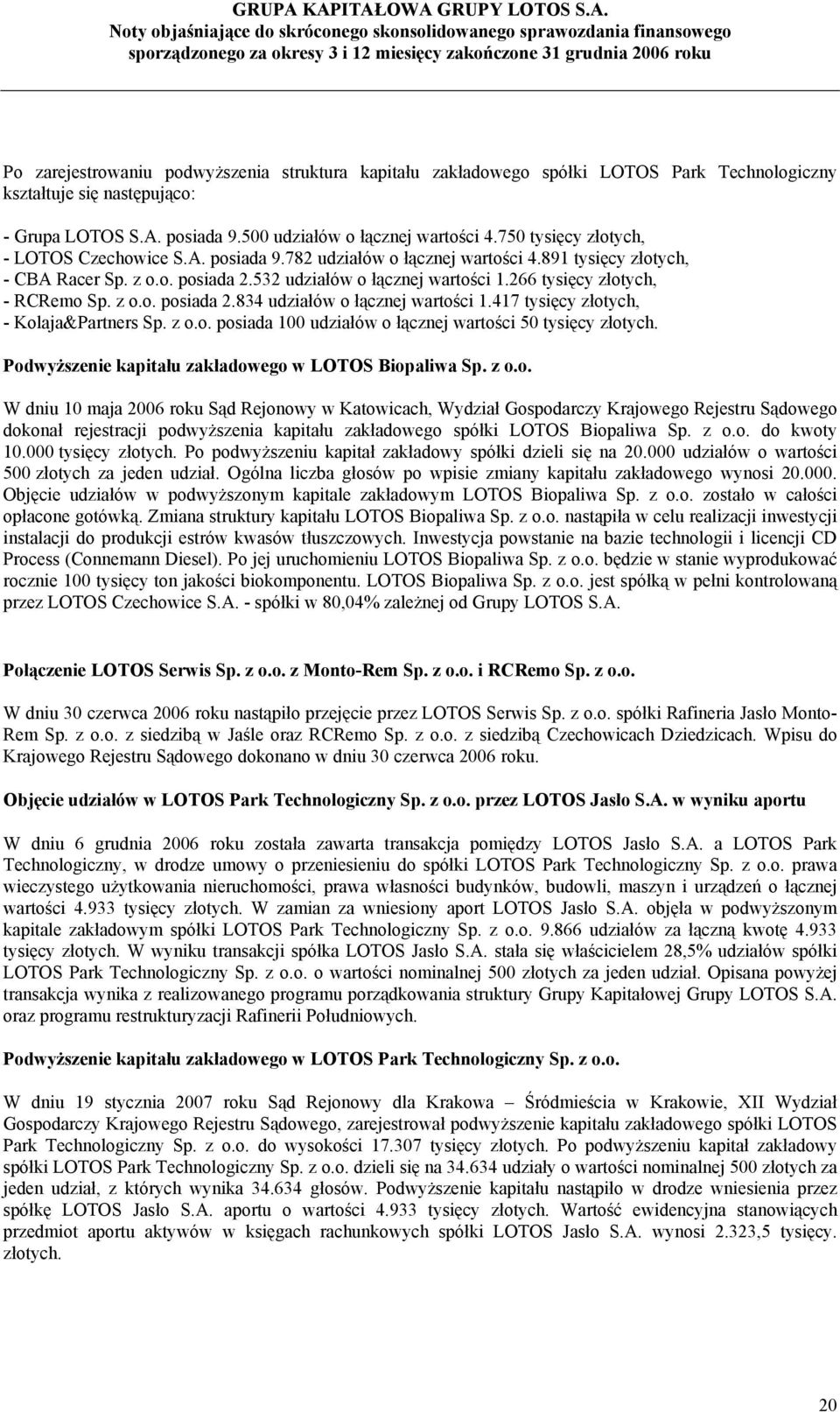 266 tysięcy złotych, - RCRemo Sp. z o.o. posiada 2.834 udziałów o łącznej wartości 1.417 tysięcy złotych, - Kolaja&Partners Sp. z o.o. posiada 100 udziałów o łącznej wartości 50 tysięcy złotych.