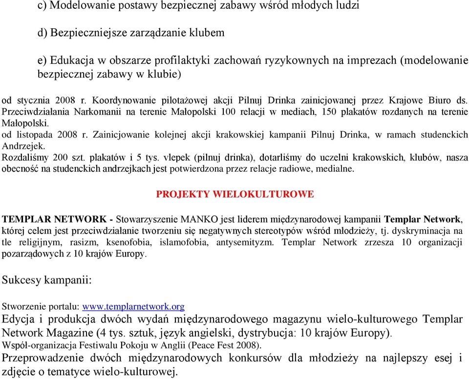 Przeciwdziałania Narkomanii na terenie Małopolski 100 relacji w mediach, 150 plakatów rozdanych na terenie Małopolski. od listopada 2008 r.