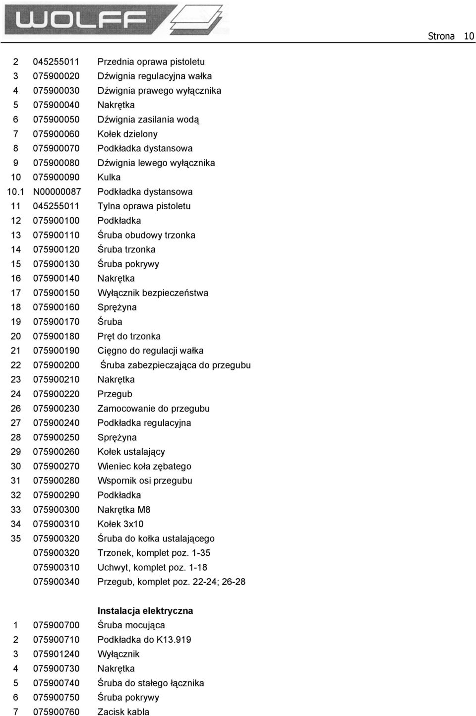 1 N00000087 Podkładka dystansowa 11 045255011 Tylna oprawa pistoletu 12 075900100 Podkładka 13 075900110 Śruba obudowy trzonka 14 075900120 Śruba trzonka 15 075900130 Śruba pokrywy 16 075900140