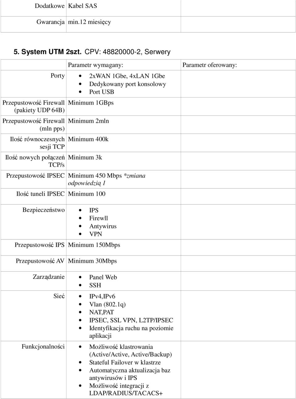 port konsolowy Port USB Minimum 1GBps Minimum 2mln Minimum 400k Minimum 3k Przepustowość IPSEC Minimum 450 Mbps *zmiana odpowiedzią 1 Ilość tuneli IPSEC Minimum 100 Bezpieczeństwo IPS Firewll