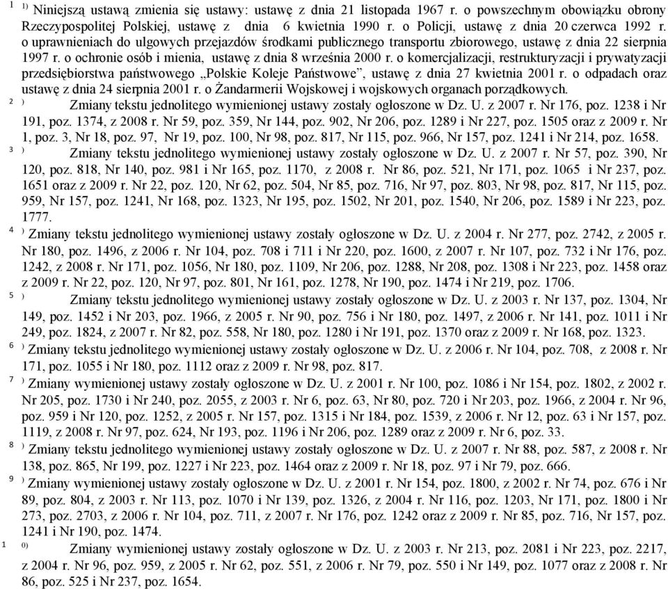 o ochronie osób i mienia, ustawę z dnia 8 września 2000 r. o komercjalizacji, restrukturyzacji i prywatyzacji przedsiębiorstwa państwowego Polskie Koleje Państwowe, ustawę z dnia 27 kwietnia 2001 r.