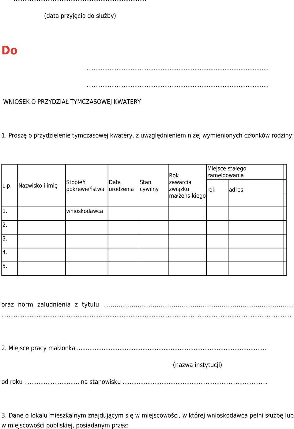 zydzielenie tymczasowej kwatery, z uwzględnieniem niżej wymienionych członków rodziny: L.p.