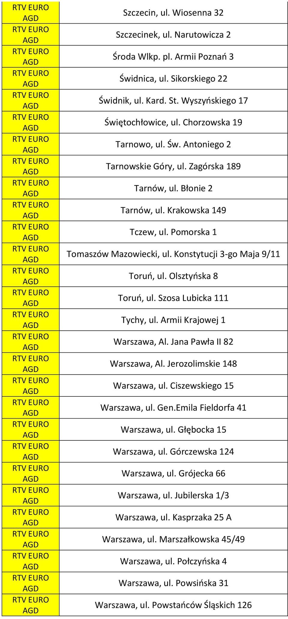 Konstytucji 3-go Maja 9/11 Toruń, ul. Olsztyńska 8 Toruń, ul. Szosa Lubicka 111 Tychy, ul. Armii Krajowej 1 Warszawa, Al. Jana Pawła II 82 Warszawa, Al. Jerozolimskie 148 Warszawa, ul.