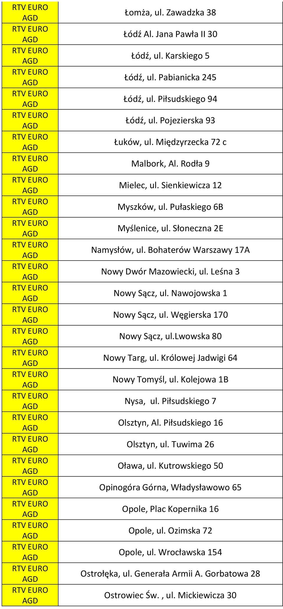 Nawojowska 1 Nowy Sącz, ul. Węgierska 170 Nowy Sącz, ul.lwowska 80 Nowy Targ, ul. Królowej Jadwigi 64 Nowy Tomyśl, ul. Kolejowa 1B Nysa, ul. Piłsudskiego 7 Olsztyn, Al. Piłsudskiego 16 Olsztyn, ul.